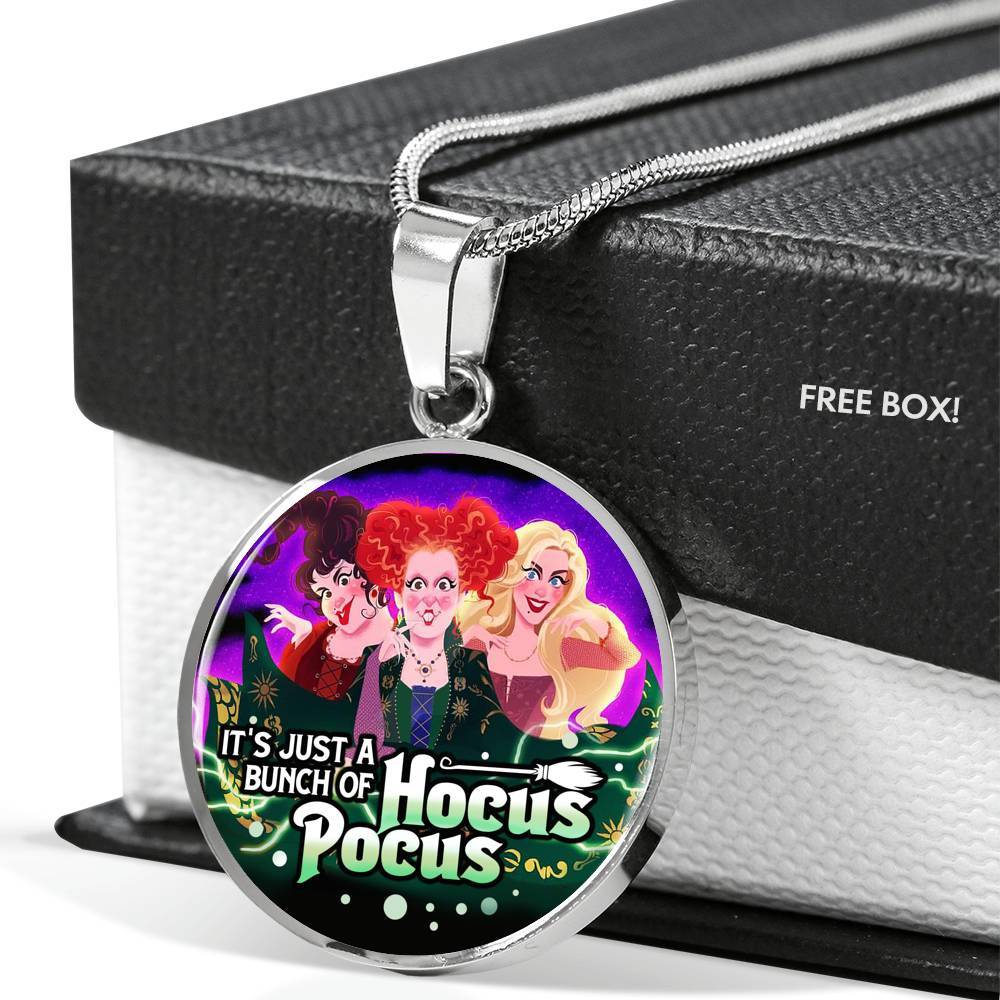 It's Just A Bunch of Hocus Pocus Three Witch Halloween Luxury Circle Pendant Necklace - Circle Luxury Necklace (Silver)