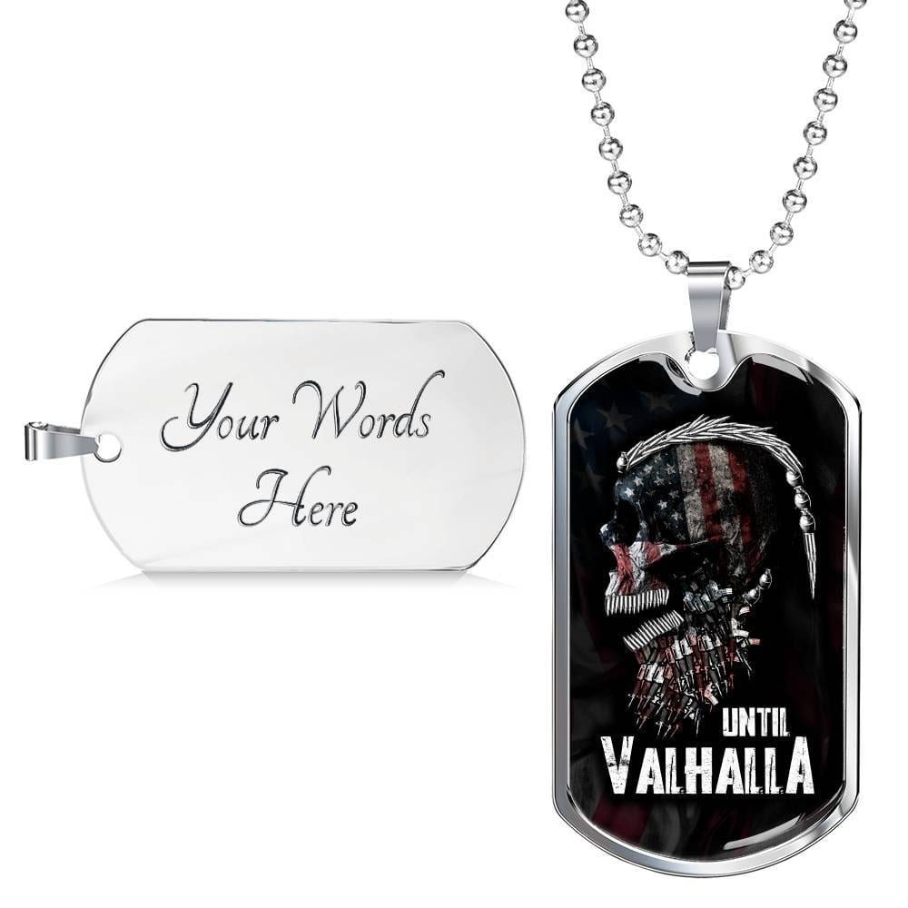 Until Valhalla Viking Dog Tag Pendant Necklace - Skull American Flag Pendant Necklace - Norse Viking Necklace - Dog Tag (Silver)