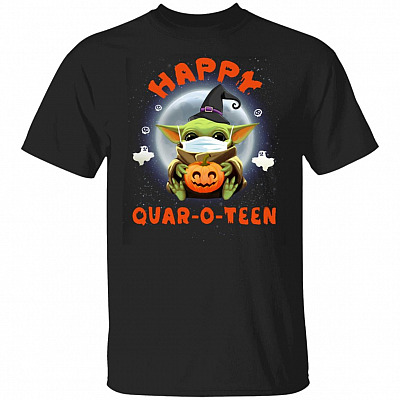Baby Yoda Shirt - Happy Quar-o-teen - Funny Halloween Quarantine T-shirt - Pumpkin Shirt, Black, Unisex T-Shirt