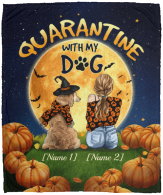 Personalized Quarantine With My Dog Golden Retriever Halloween Fleece Blanket - Premium Sherpa Blanket, White, Cozy Plush Fleece Blanket - 50x60