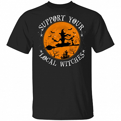 Flying Witch Support Your Local Witches Halloween T-Shirt - Funny Halloween Witch Shirt, Black, Unisex T-Shirt