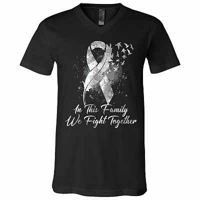 White Feather Ribbon Lung Cancer In This Family We Fight Together T-Shirt - V-Neck Tee, Black, V-Neck T-Shirt