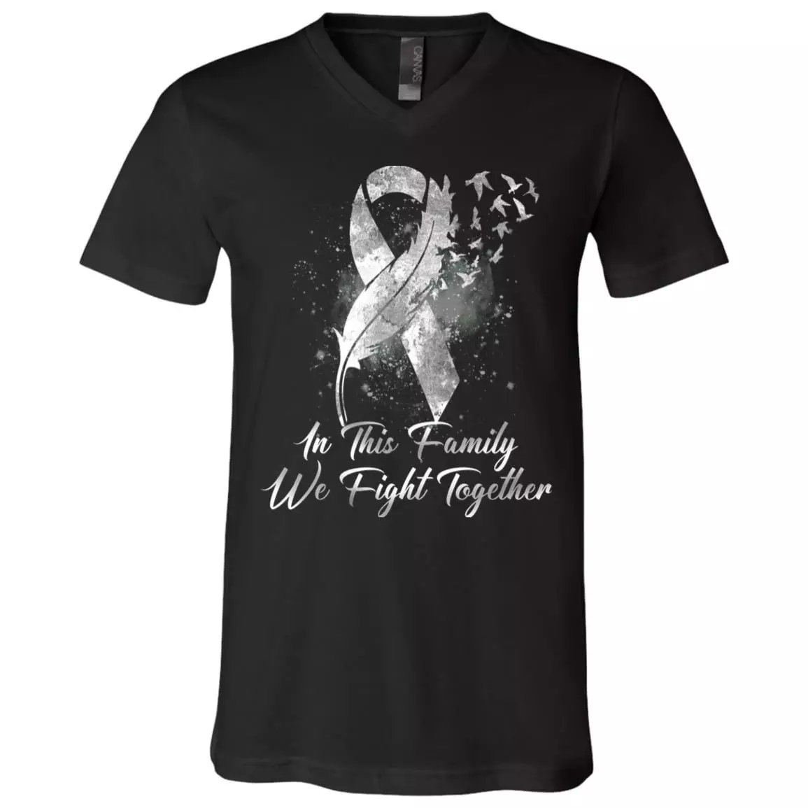 White Feather Ribbon Lung Cancer In This Family We Fight Together T-Shirt - V-Neck Tee, Black, V-Neck T-Shirt