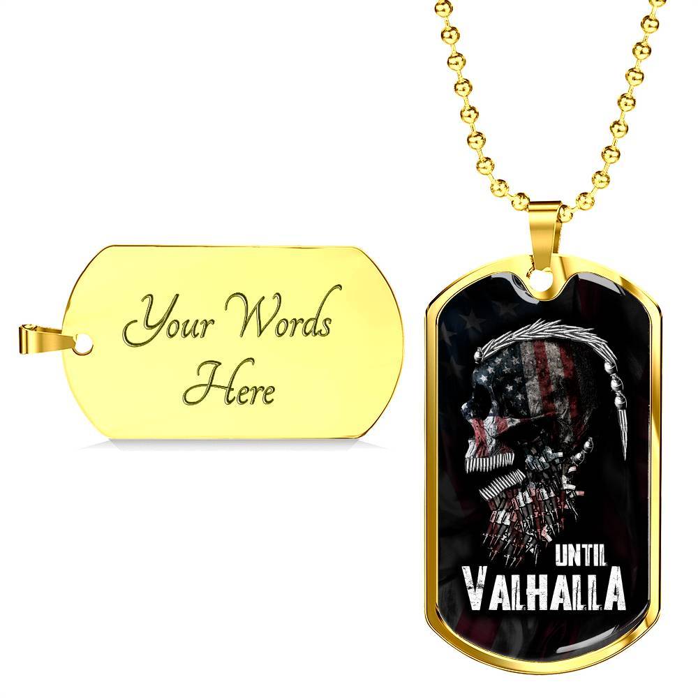 Until Valhalla Viking Dog Tag Pendant Necklace - Skull American Flag Pendant Necklace - Norse Viking Necklace - Dog Tag (Gold Plated)