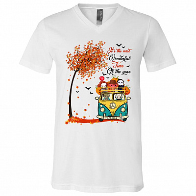 It's the Most Wonderful Time of the Year - Fall Season Cute Horror Characters T-Shirt - V Neck, White, V-Neck T-Shirt
