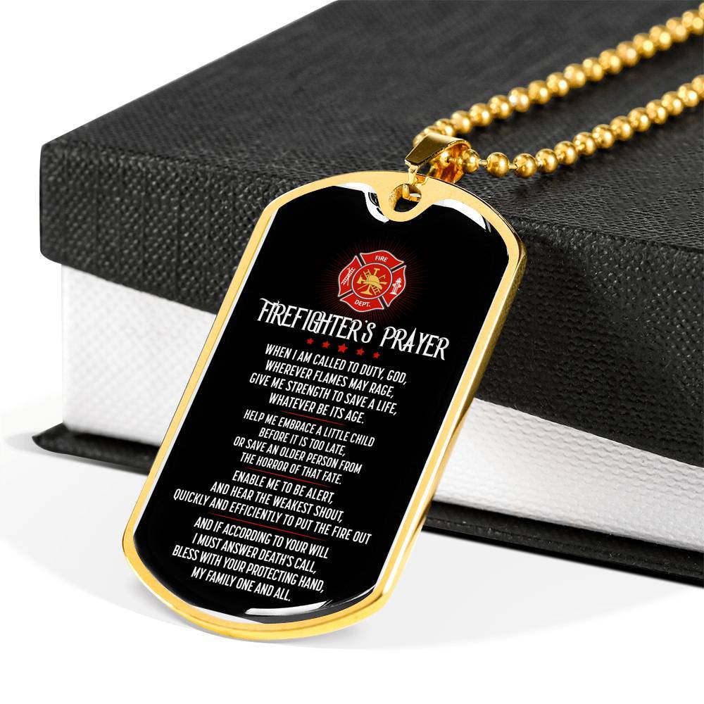 FIREFIGHTER'S PRAYER When I Am Called to Duty God Wherever Flames May Rage Dog Tag Pendant Necklace - Dog Tag (Gold Plated)