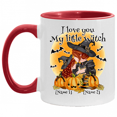 Personalized I Love You My Little Witch Accent Mug - Ceramic Coffee Mug - Halloween Gift for Daughter Niece, White/Red, 11 oz. Accent Mug