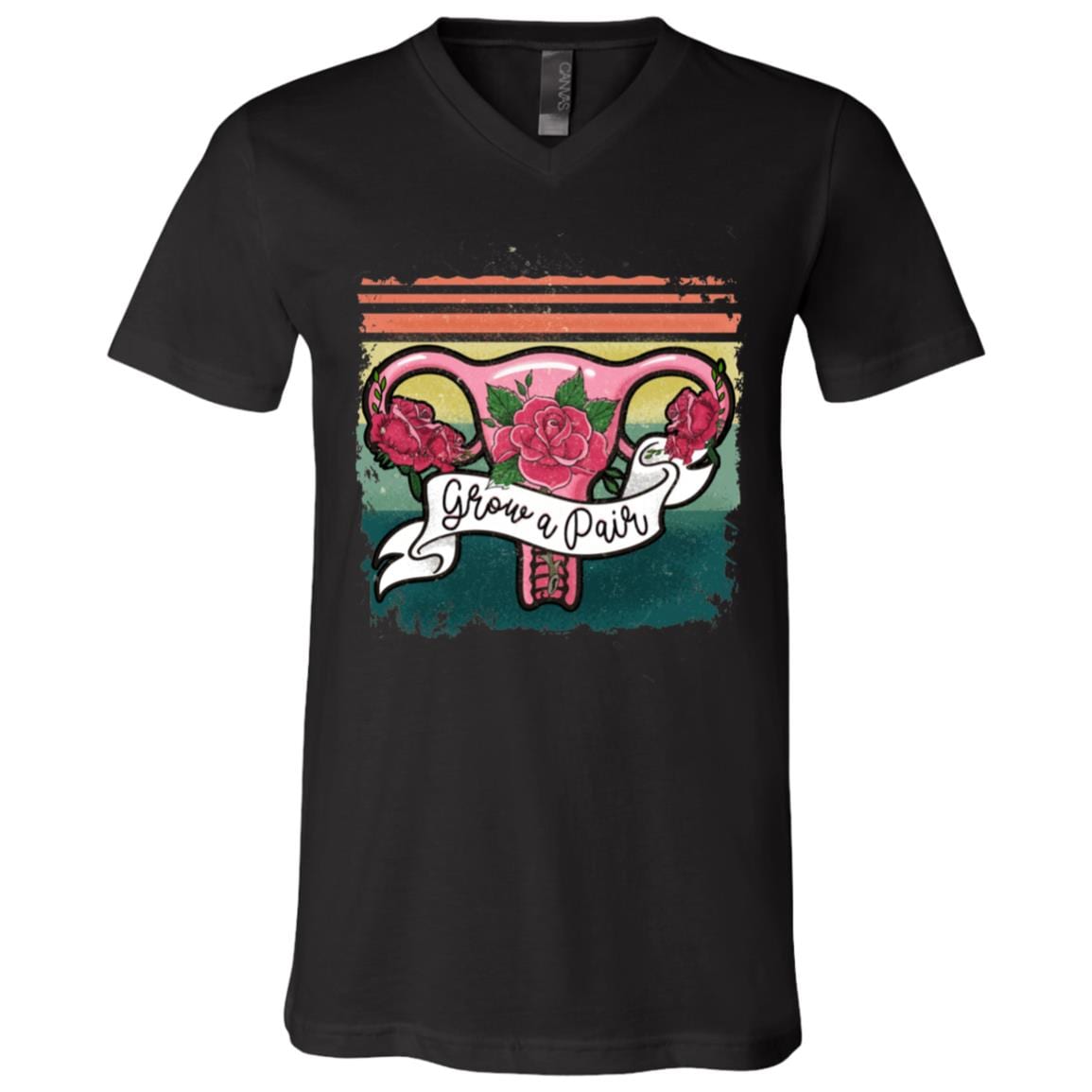 Grow A Pair Vintage Floral Ovary Uterus T-Shirt - V-Neck Shirt - Feminist Movement Shirt, Black, V-Neck T-Shirt