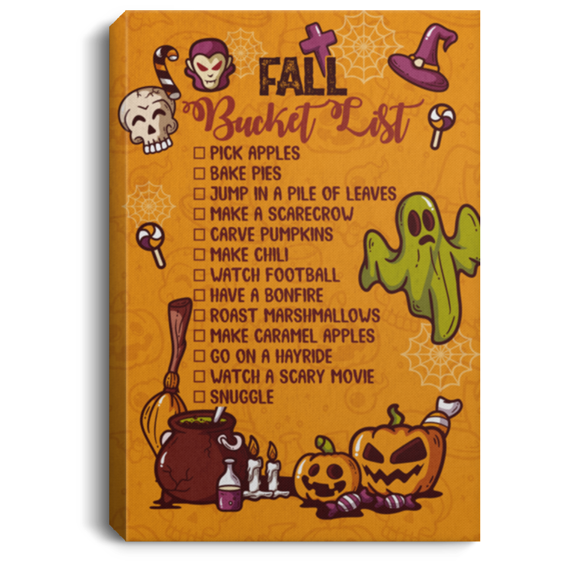 Fall Bucket List Autumn Pumpkin Home Decoration Gallery Wrapped Framed Canvas Prints - Unframed Poster, White, 0.75'' Framed Canvas