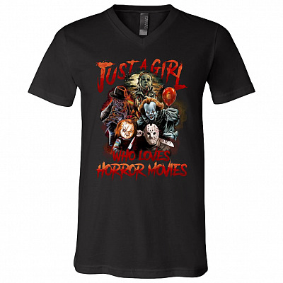 Just a Girls Who Love Horror Movies Halloween Horror Characters T-Shirt - V Neck, Black, V-Neck T-Shirt