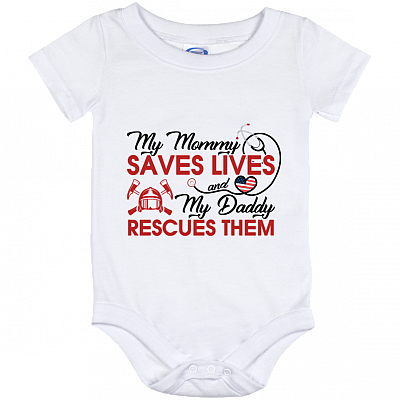 My Mom Saves Lives and My Dad Rescues Them Baby Onesie - Baby Infant Bodysuit, White, Baby Onesie - 12 Month