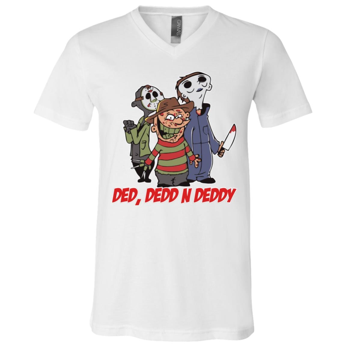 Ded Dedd n Deddy Halloween Jason, Michael And Freddy T-shirt - V-neck - Horror Movies Characters Shirt, White, V-Neck T-Shirt
