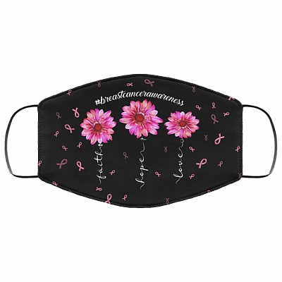 Pink Ribbon Faith Hope Love Breast Cancer Awareness Washable Reusable Custom - Printed Cloth Face Mask Cover, Black, Cloth Face Cover