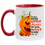 Pumpkin Patch Horror Movie Hot Cocoa Murder Ya Know Fall Shit Ceramic Accent Mug - Funny Halloween Mug, White/Red, 11 oz. Accent Mug