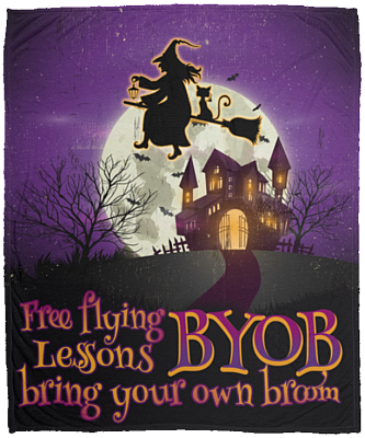 Free Flying Lesson Bring Your Own Broom Halloween Fleece Blanket - Premium Sherpa Blanket - Woven Blanket, White, Cozy Plush Fleece Blanket - 50x60