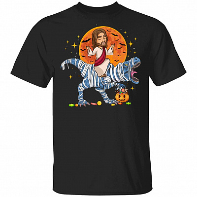 Jesus Riding Dinosaur Halloween Funny T-Shirt - Love Jesus And Dinosaur Shirt, Black, Unisex T-Shirt