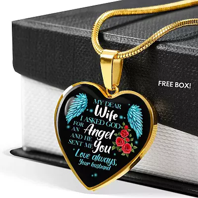 My Dear Wife I Asked God for an Angel and He Sent Me You from Your Husband Heart Pendant Necklace - Heart Luxury Necklace (Gold Plated)
