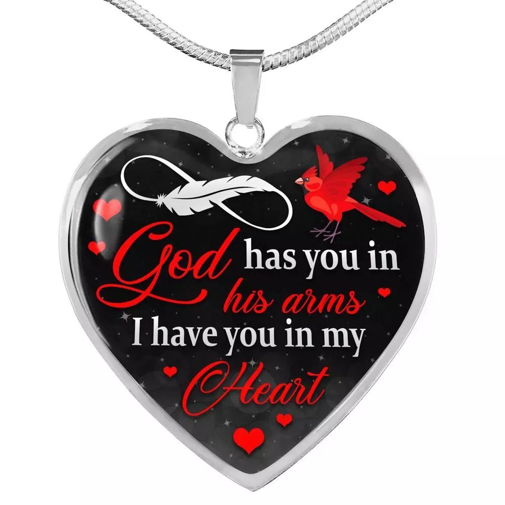 Cardinal God Has You in His Arms I Have You in My Heart Heart Pendant Necklace - Heart Luxury Necklace (Silver)