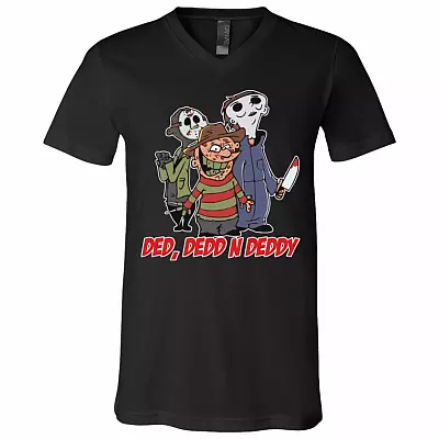 Ded Dedd n Deddy Halloween Jason, Michael And Freddy T-shirt - V-neck - Funny Horror Movies Characters Shirt, Black, V-Neck T-Shirt