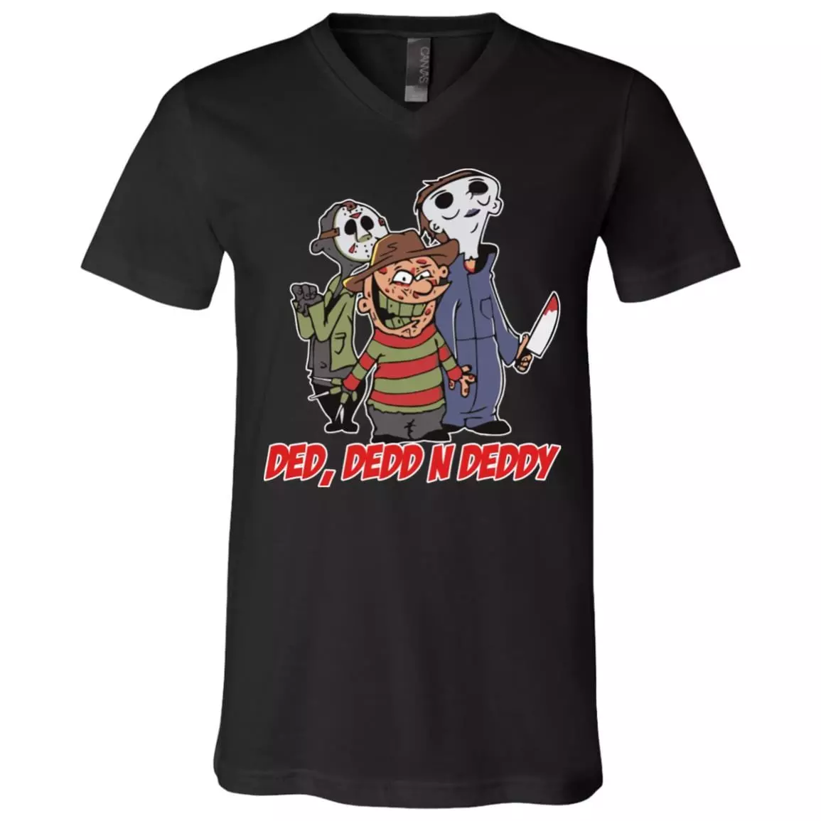 Ded Dedd n Deddy Halloween Jason, Michael And Freddy T-shirt - V-neck - Funny Horror Movies Characters Shirt, Black, V-Neck T-Shirt