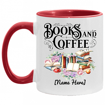 Personalized Books & Coffee Ceramic Accent Mug - Book Lover Gifts Mug, White/Red, 11 oz. Accent Mug