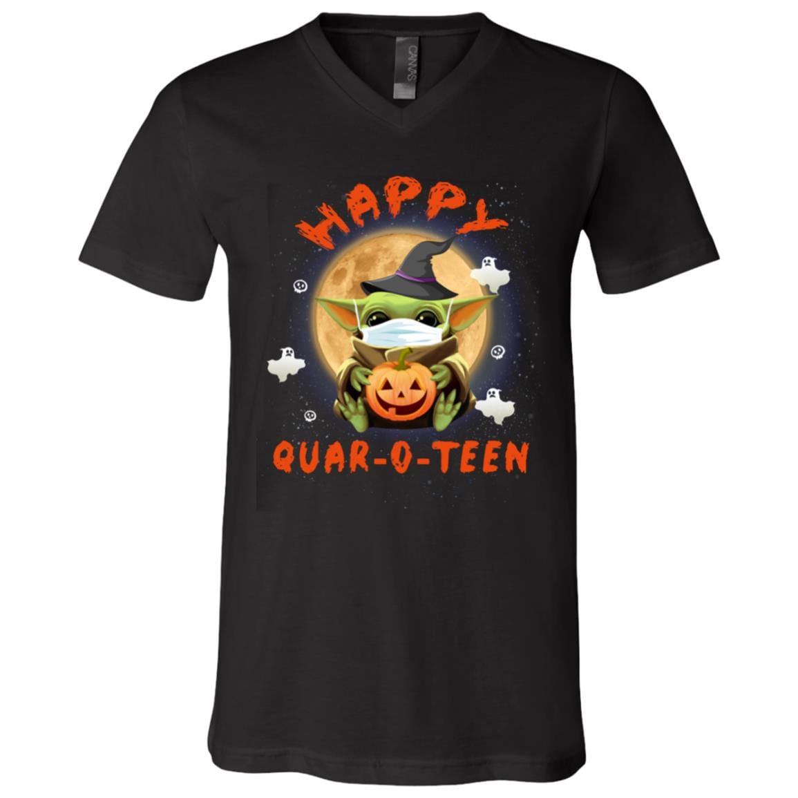 Happy Quar-o-teen Funny Baby Yoda with Mask T-Shirt - V Neck, Black, V-Neck T-Shirt