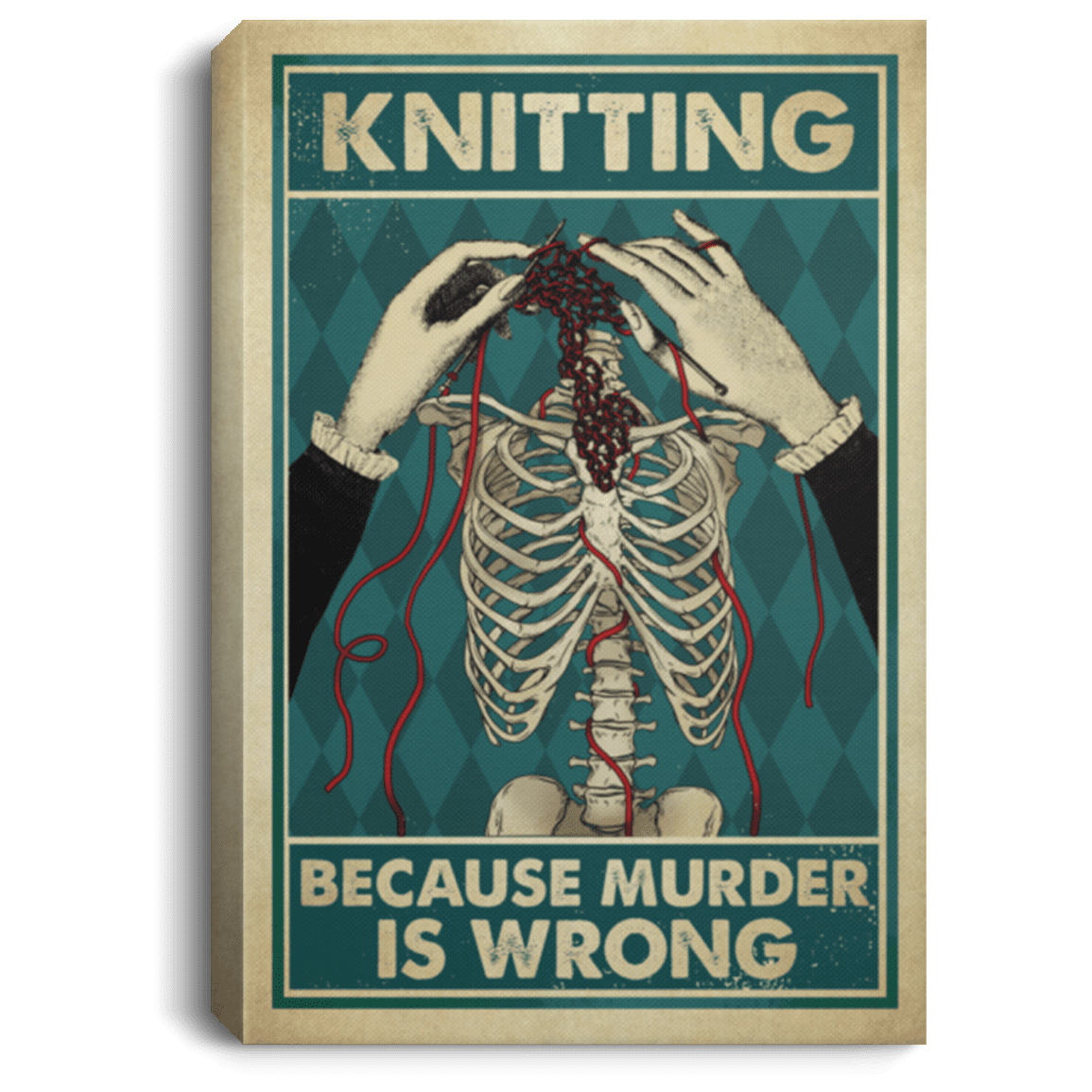 Skull Knitting Because Murder Is Wrong Framed Canvas Prints - Unframed Poster - Gift For Knitting Lovers, White, 0.75'' Framed Canvas