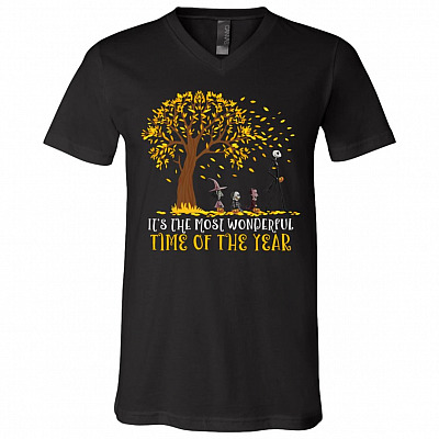 It's The Most Wonderful Time Of The Year Jack Skellinton Nightmare Halloween T-Shirt - V-Neck Tee, Black, V-Neck T-Shirt