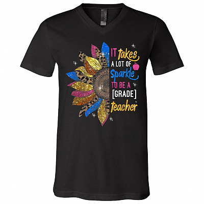 Personalized It Takes A Lot Of Sparkle To Be A Teacher Sunflower T-shirt - V-neck - Teacher Appreciation Gift, Black, V-Neck T-Shirt