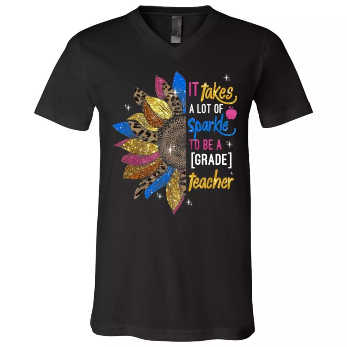 Personalized It Takes A Lot Of Sparkle To Be A Teacher Sunflower T-shirt - V-neck - Teacher Appreciation Gift, Black, V-Neck T-Shirt