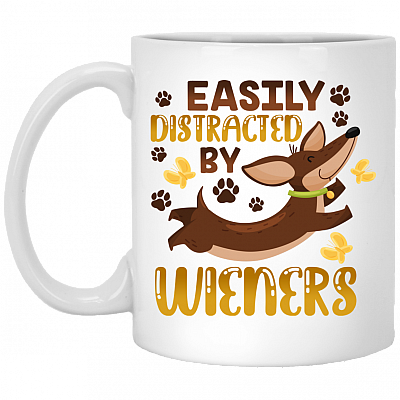 Easily Distracted By Wieners Funny Dachshund Ceramic Coffee Mug - Beer Stein - Water Bottle - Color Changing Mug, White, 11 oz. White Mug
