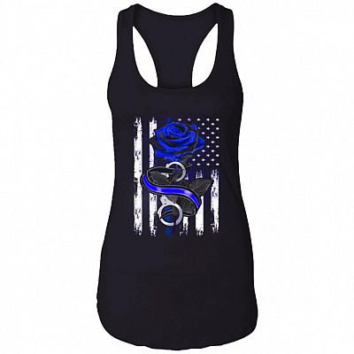 Blue Rose Back The Blue Police Support Tank Top Tee - Thin Blue Line Police Wife Gifts Ladies Racerback Tank, Black, Ladies Racerback Tank