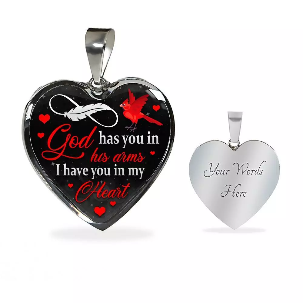 Cardinal God Has You in His Arms I Have You in My Heart Heart Pendant Necklace - Heart Luxury Necklace (Silver)