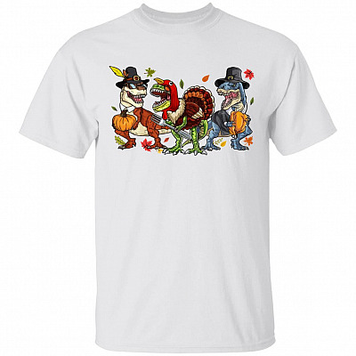 Dinosaurs Halloween Thanksgiving T Shirt - Pumpkin Turkey Shirt - Funny T Rex Shirt, White, Unisex T-Shirt