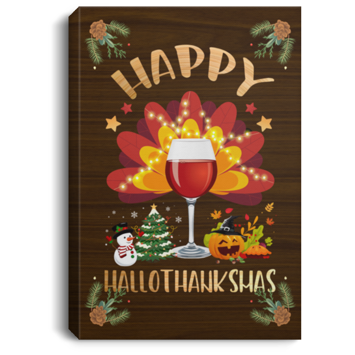 Happy Hallothanksmas Wine Framed Canvas Unframed Poster - Funny Halloween Thanksgiving Christmas Wall Art, White, 0.75'' Framed Canvas