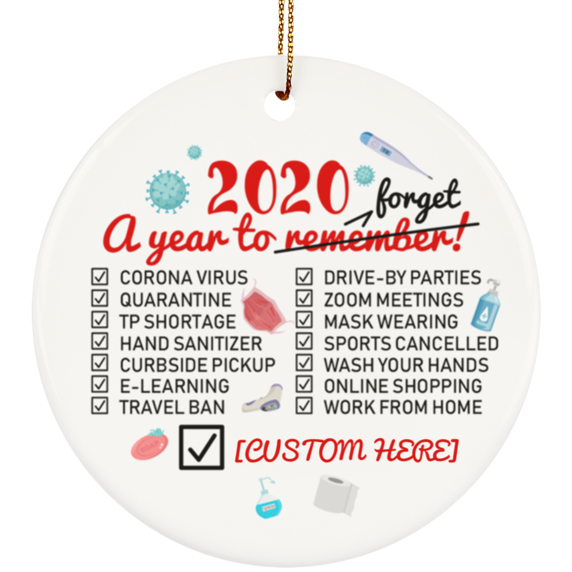 Personalized 2020 A Year To Remember Funny Quarantine Christmas Pandemic Circle Ornament Keepsake, White, Circle Ornament