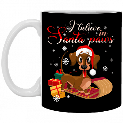 I Believe in Santa Daschund Paws Ceramic Coffee Mug - Beer Stein - Water Bottle - Color Changing Mug, Black, 11 oz. White Mug