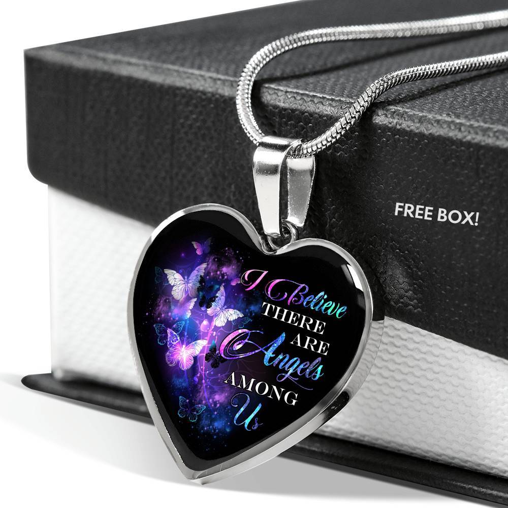 Butterfly I Believe There Are Angels Among Us Heart Pendant Necklace - Heart Luxury Necklace (Silver)