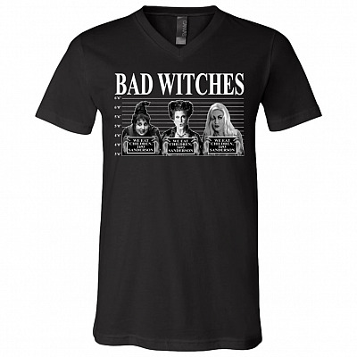 Bad Witches Sanderson Sisters T-shirt - V-neck - Funny Hocus Pocus Witches Halloween Shirt, Black, V-Neck T-Shirt