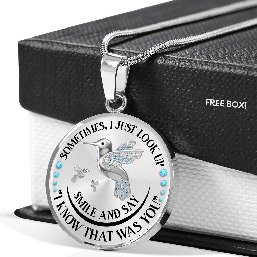 Personalized Hummingbird Sometimes I Just Look Up Smile And Say I Know That Was You Memorial Circle Pendant Necklace - Circle Luxury Necklace (Silver)