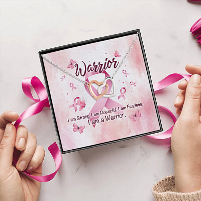 Alternative view of Breast Cancer I Am Strong I Am Powerful I Am A Warrior Joined Interlocking Hearts Pendant Necklace