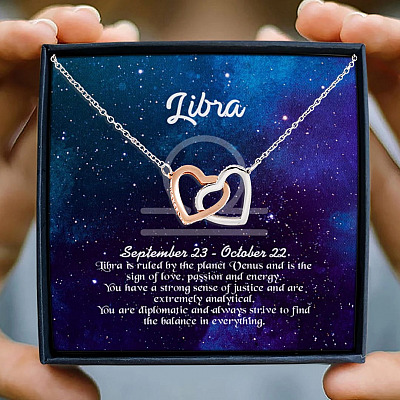 Libra Sign Constellation Horoscope Zodiac Birthday Astrology Joined Interlocking Hearts Pendant Necklace