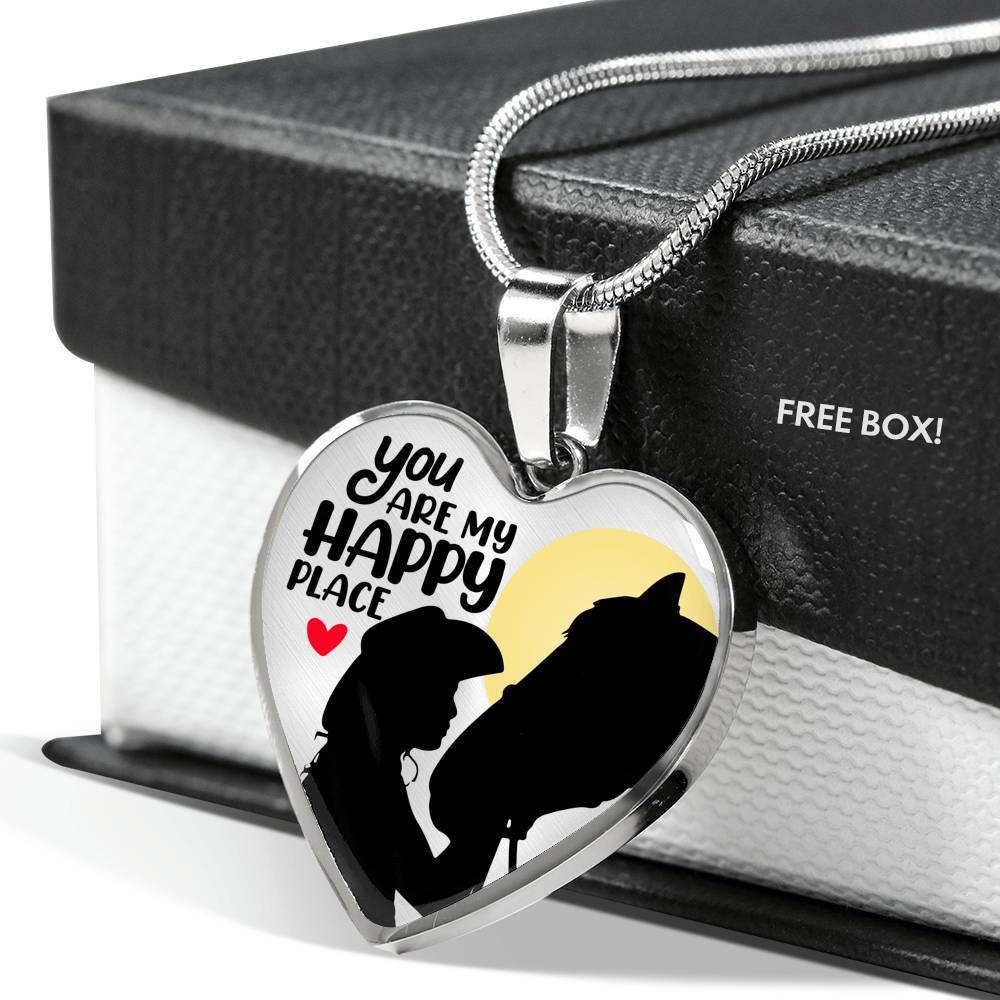 You Are My Happy Place Cowgirl Luxury Heart Pendant Necklace - Horse Lover Gifts - Heart Luxury Necklace (Silver)