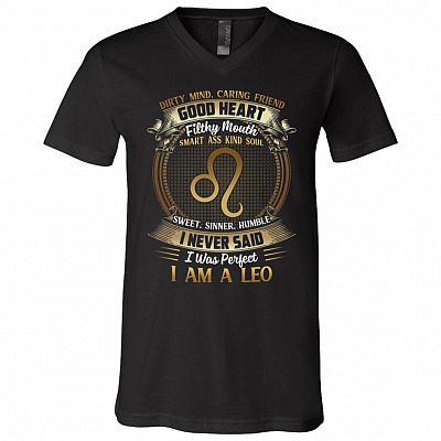 Leo Dirty Mind Caring Friend Good Heart Filthy Mouth I Never Said I'm Perfect Zodiac T-Shirt - V Neck, Black, V-Neck T-Shirt