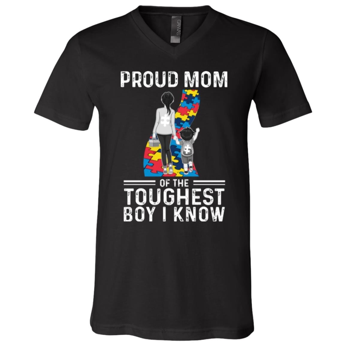 Proud Mom Of The Toughest Boy I Know Puzzle T-shirt - V-neck - Proud Autism Mom Shirt, Black, V-Neck T-Shirt