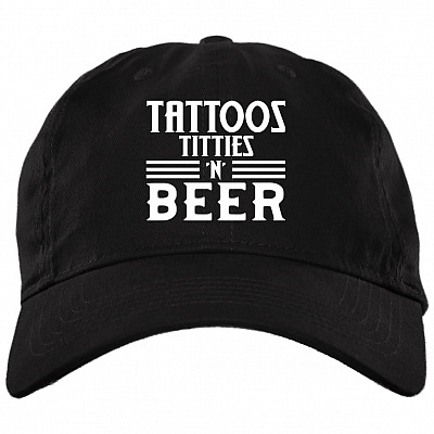 Tattoos Titties And Beer Twill Cap - High-Profile Snapback Hat - Funny Beer Trucker Hat - Beer Lover Gifts, Black, Brushed Twill Dad Cap