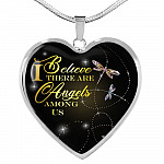 Dragonfly I Believe There Are Angels Among Us Heart Pendant Necklace - Heart Luxury Necklace (Silver)