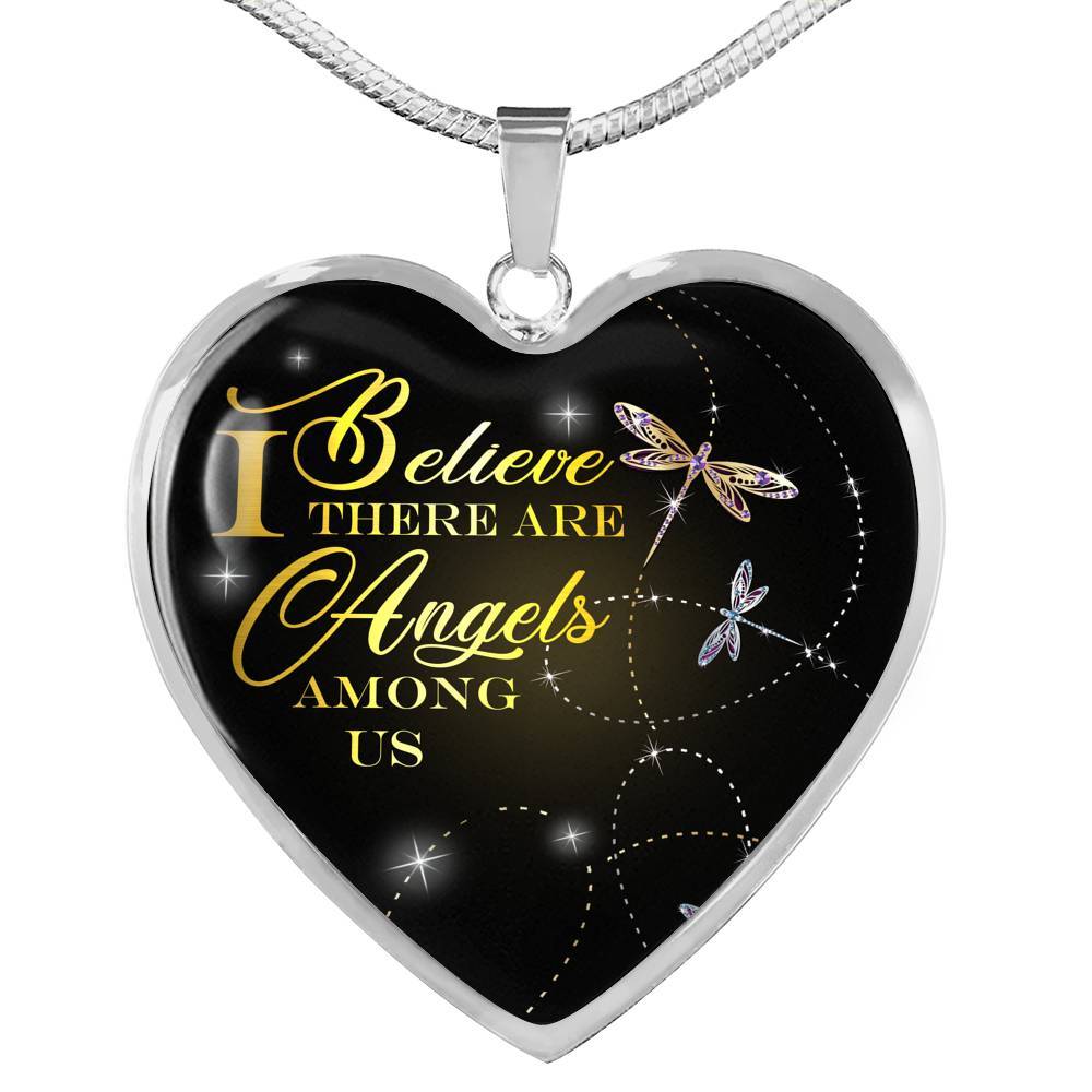 Dragonfly I Believe There Are Angels Among Us Heart Pendant Necklace - Heart Luxury Necklace (Silver)