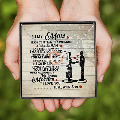 Alternative view of To My Mom I Know It's Not Easy For A Woman To Raise A Man From Son Interlocking Hearts Pendant Necklace