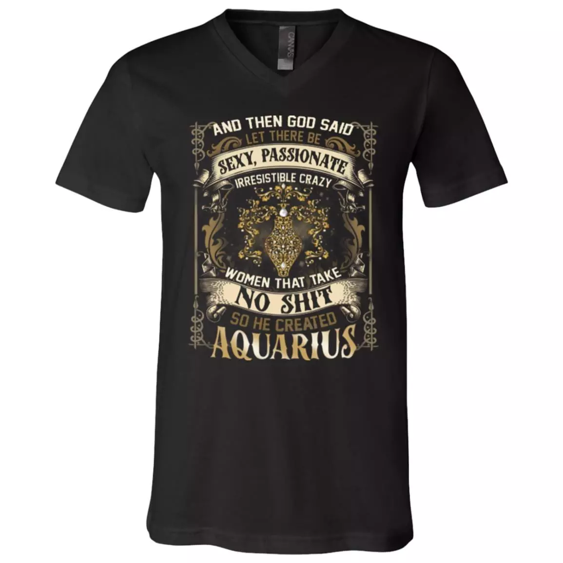 Aquarius God Said Let There Be Sexy Passionate Irresistible Crazy Women So He Created Zodiac T-Shirt - V Neck, Black, V-Neck T-Shirt